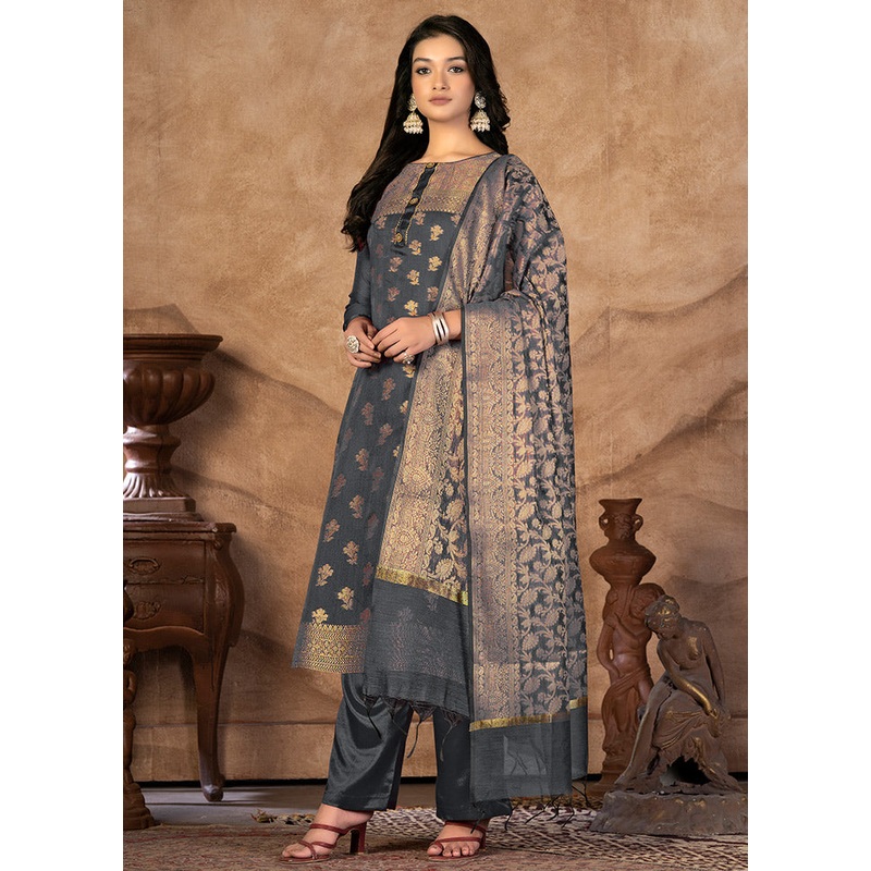 3 Pc Grey Unstitched Silk Suit Set - JD986591152