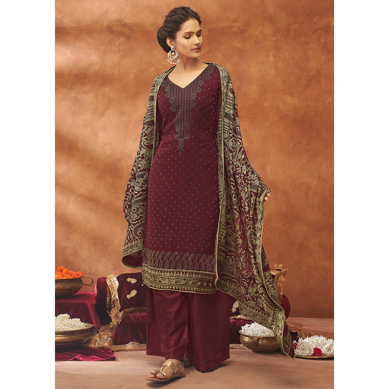 3 Pc Maroon Unstitched Pure Georgette Suit Set - JD986591177