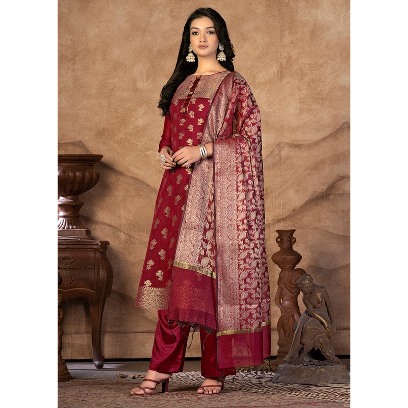 3 Pc Maroon Unstitched Silk Suit Set - JD986591149