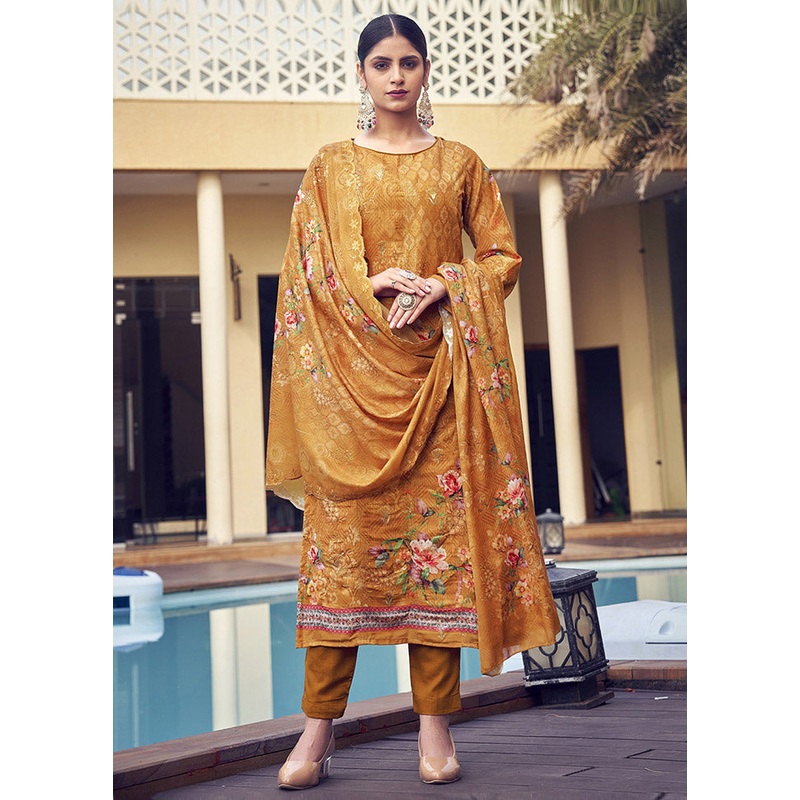 3 Pc Mustard Unstitched Silk Suit Set - JD986591129