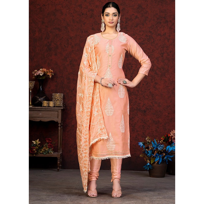 3 Pc Peach Unstitched Chanderi Suit Set - JD986591168