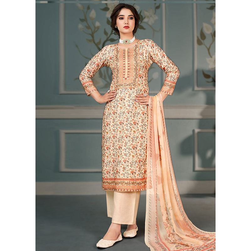 3 Pc Peach Unstitched Cotton Suit Set - JD986591125
