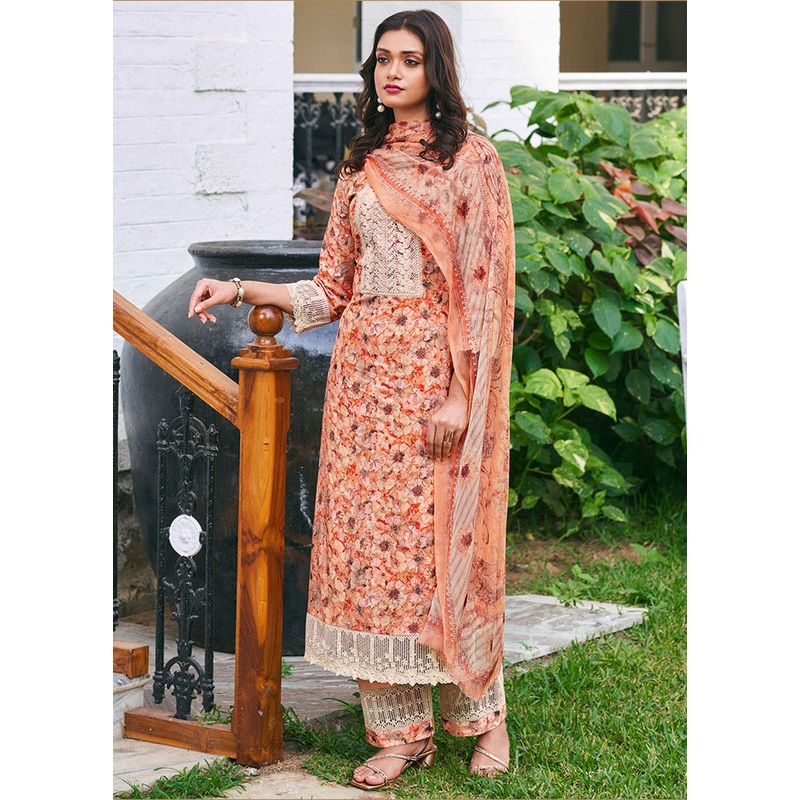 3 Pc Peach Unstitched Pure Cotton Suit Set - JD986591134