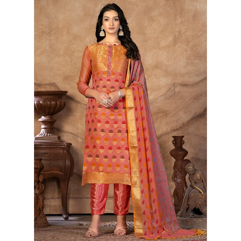 3 Pc Peach Unstitched Silk Suit Set - JD986591155
