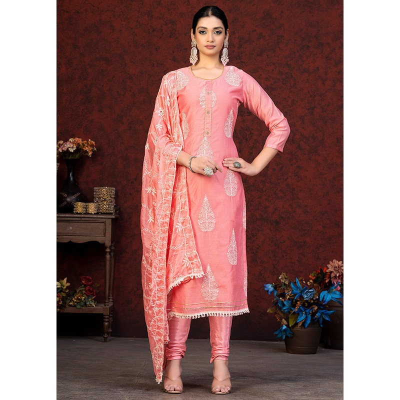 3 Pc Pink Unstitched Chanderi Suit Set - JD986591171