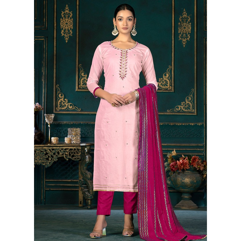 3 Pc Pink Unstitched Cotton Suit Set - JD986591139
