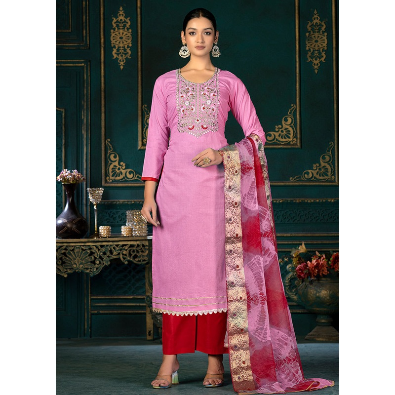 3 Pc Pink Unstitched Cotton Suit Set - JD986591141