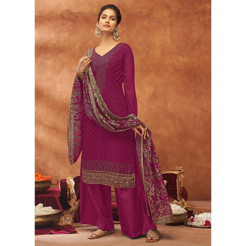 3 Pc Pink Unstitched Pure Georgette Suit Set - JD986591175