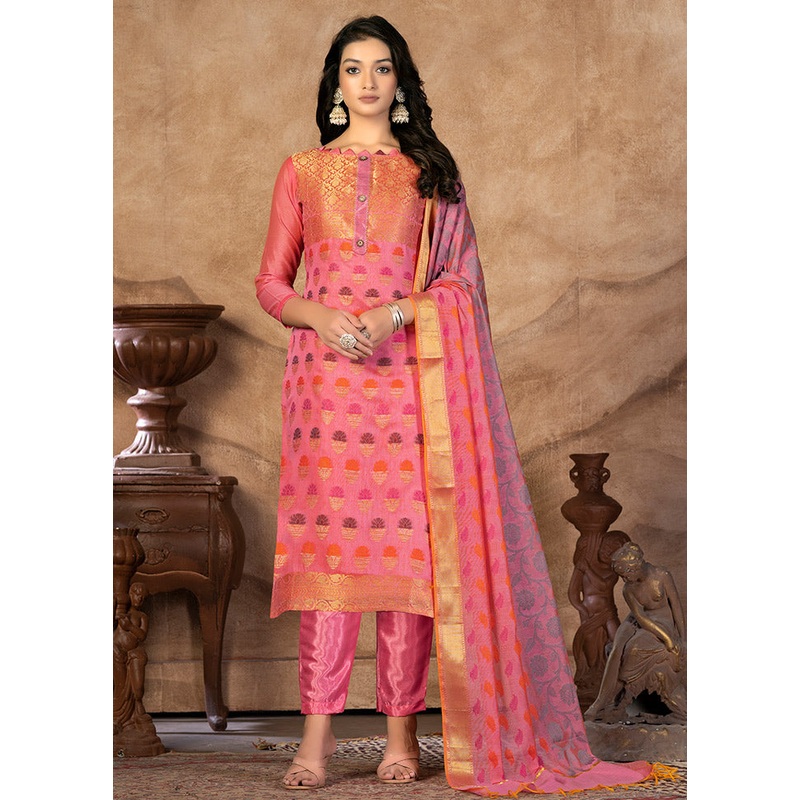 3 Pc Pink Unstitched Silk Suit Set - JD986591154