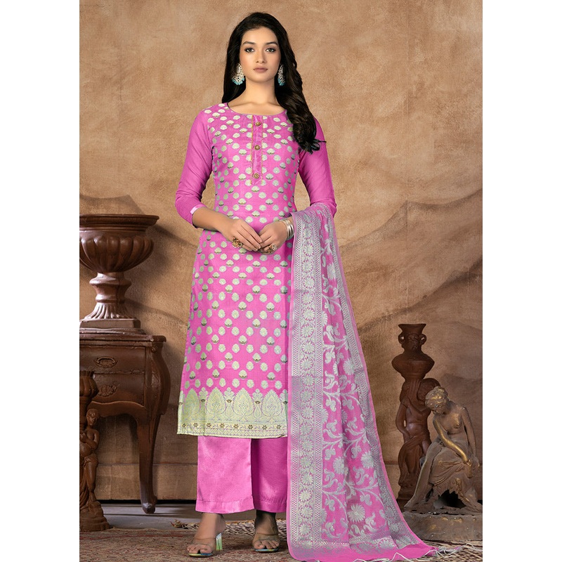 3 Pc Pink Unstitched Silk Suit Set - JD986591157