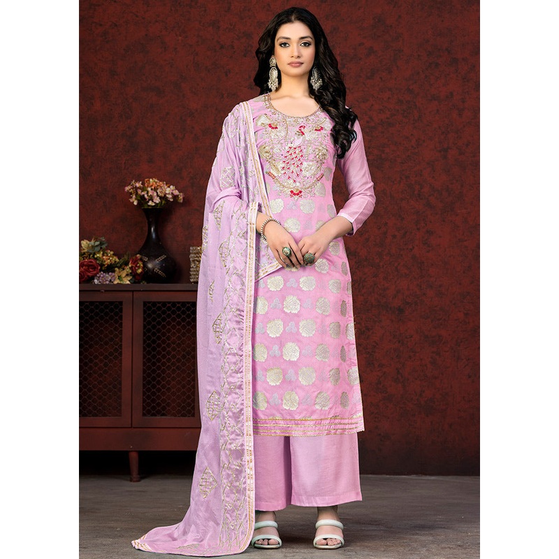 3 Pc Pink Unstitched Silk Suit Set - JD986591162