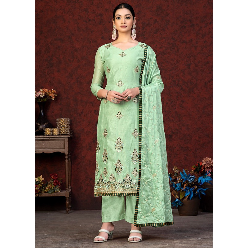 3 Pc Pista Green Unstitched Chanderi Suit Set - JD986591164