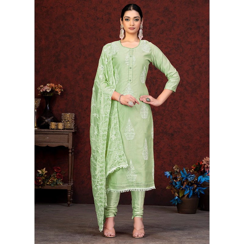 3 Pc Pista Green Unstitched Chanderi Suit Set - JD986591169