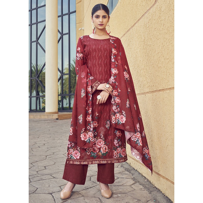 3 Pc Red Unstitched Silk Printed Suit Set - JD986591131