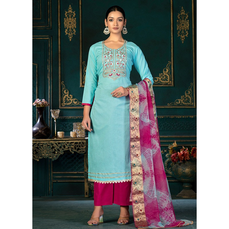 3 Pc Sea Green Unstitched Cotton Suit Set - JD986591143