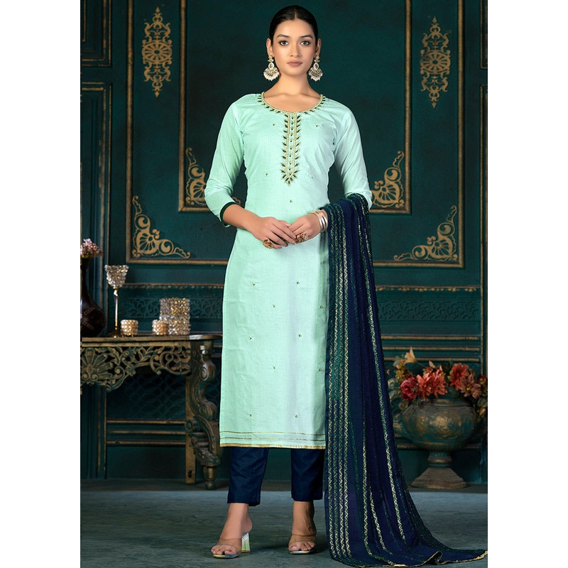 3 Pc Sky Blue Unstitched Cotton Suit Set - JD986591137