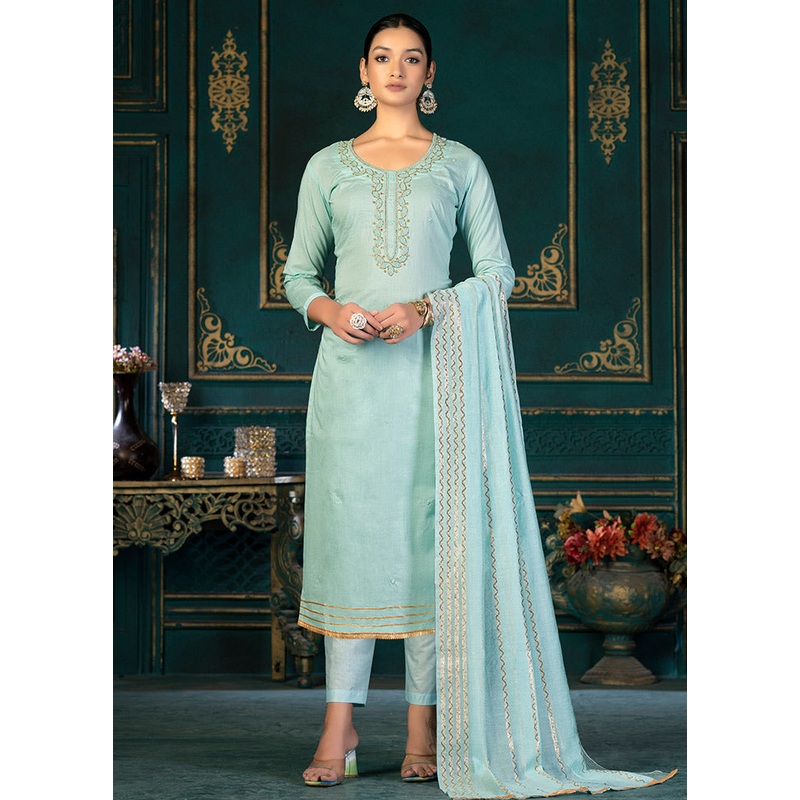 3 Pc Sky Blue Unstitched Cotton Suit Set - JD986591147