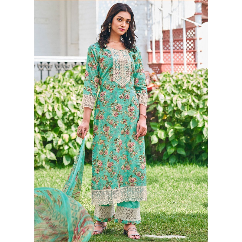 3 Pc Turquoise Unstitched Pure Cotton Suit Set - JD986591136