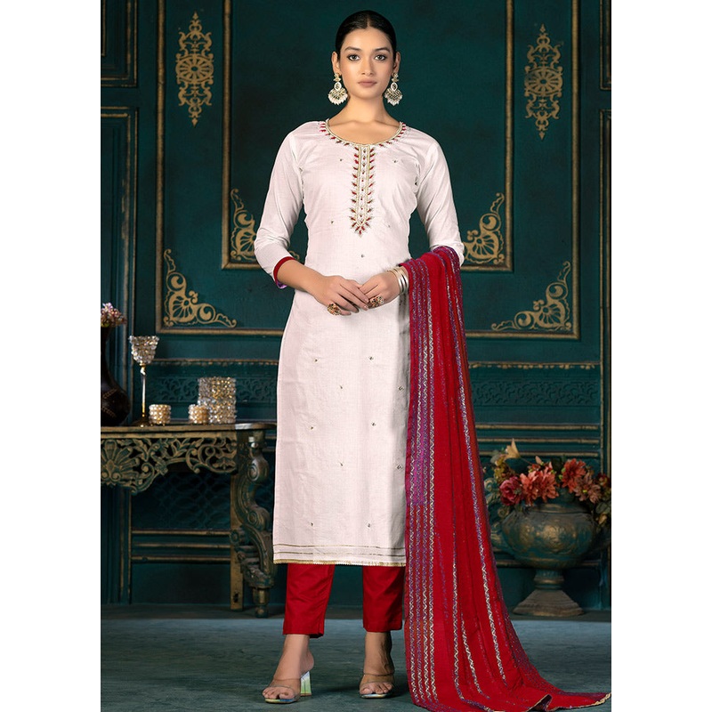 3 Pc White Unstitched Cotton Suit Set - JD986591138
