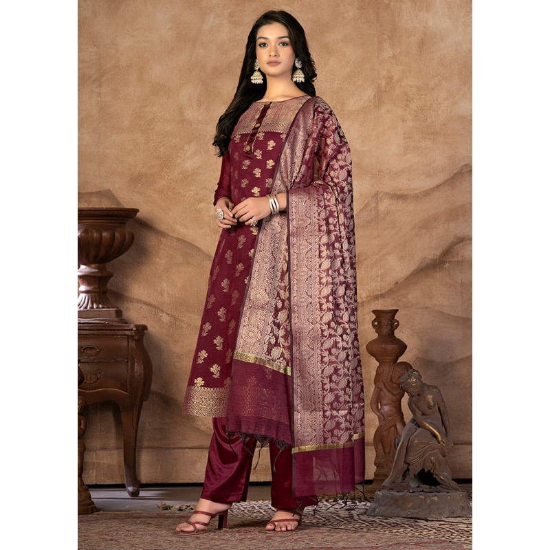 3 Pc Wine Unstitched Silk Suit Set - JD986591151