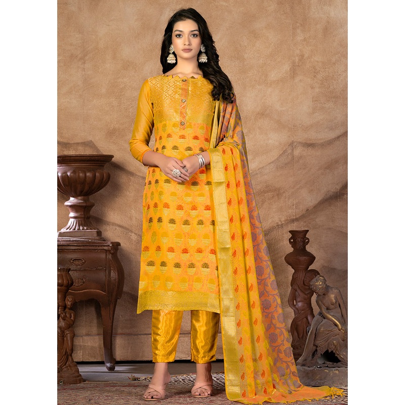 3 Pc Yellow Unstitched Silk Suit Set - JD986591156