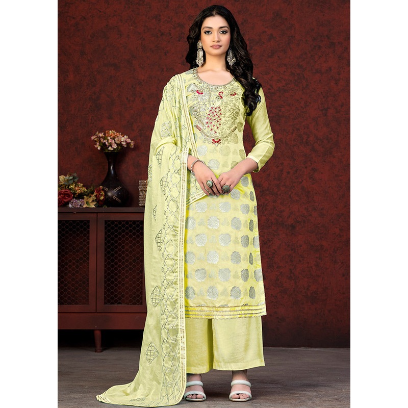3 Pc Yellow Unstitched Silk Suit Set - JD986591163