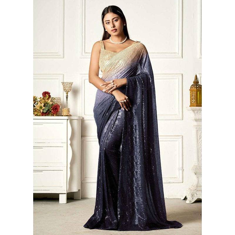 Blue Georgette Sequins Work Saree With Blouse Piece - JD986591230