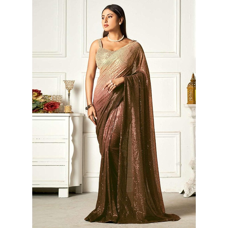 Brown Georgette Sequins Work Saree With Blouse Piece - JD986591228