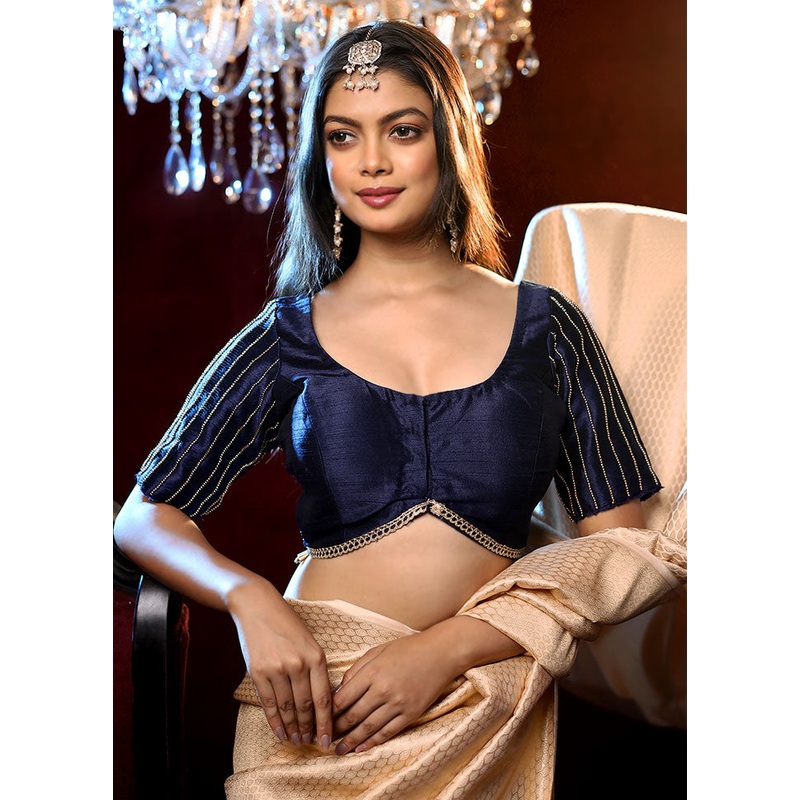 Dark Blue Solid Silk Designer Blouse - JD986591399