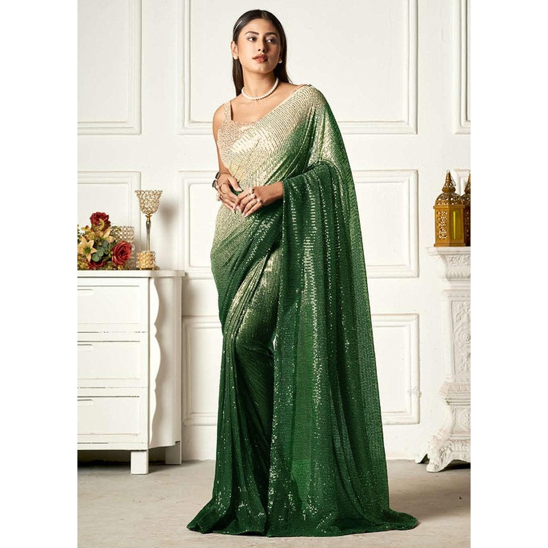 Green Georgette Sequins Work Saree With Blouse Piece - JD986591231