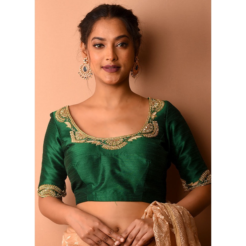 Green Silk Designer Blouse - JD986591334