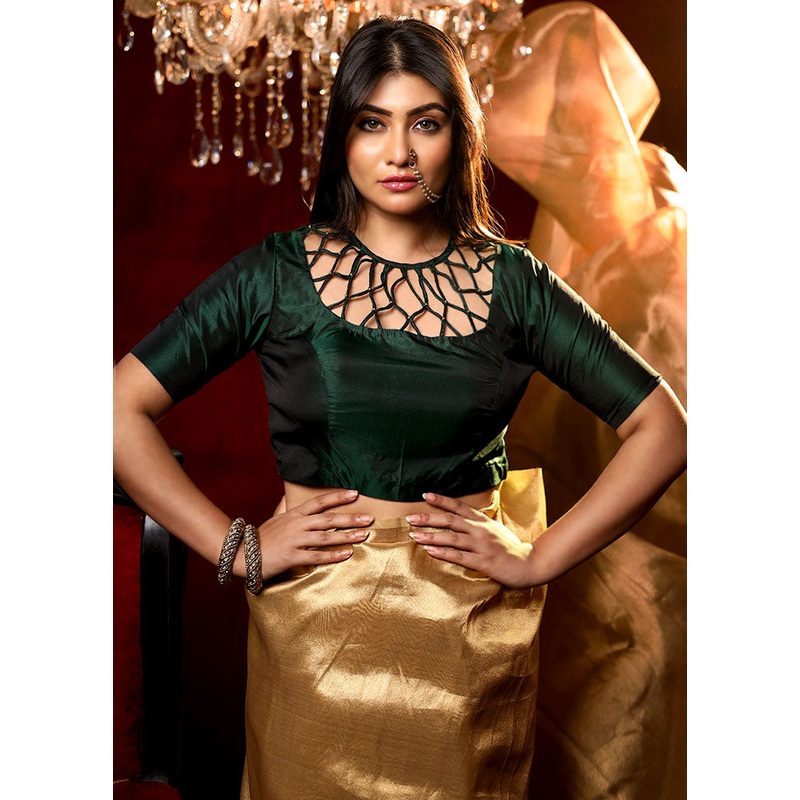 Green Solid Silk Designer Blouse - JD986591403