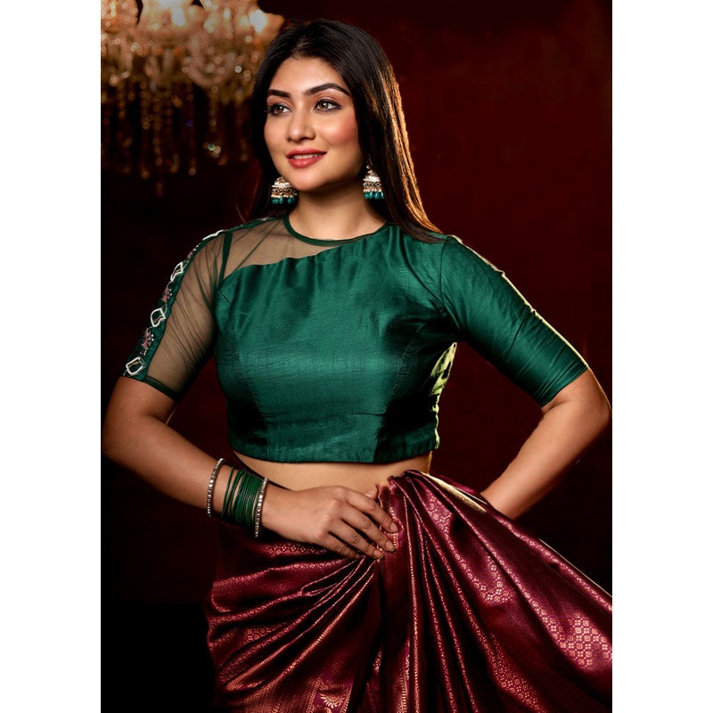Green Solid Silk Designer Blouse - JD986591406