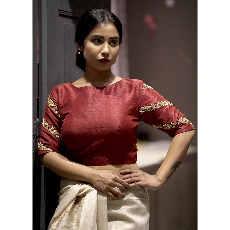 Maroon Dupion Silk Designer Blouse - JD986591344