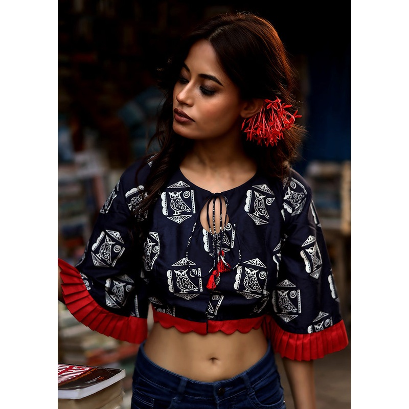Navy Blue Cotton Silk Designer Blouse - JD986591337