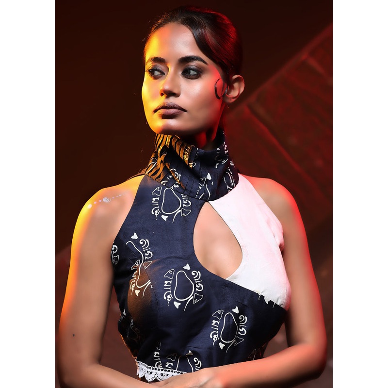 Navy Blue Cotton Silk Designer Blouse - JD986591371