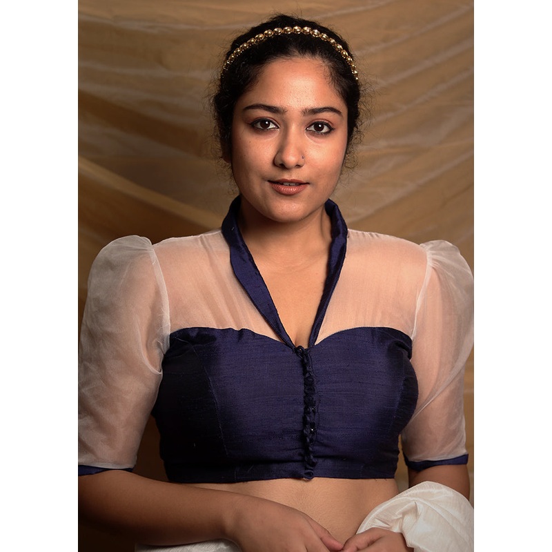 Navy Blue Silk Designer Blouse - JD986591355