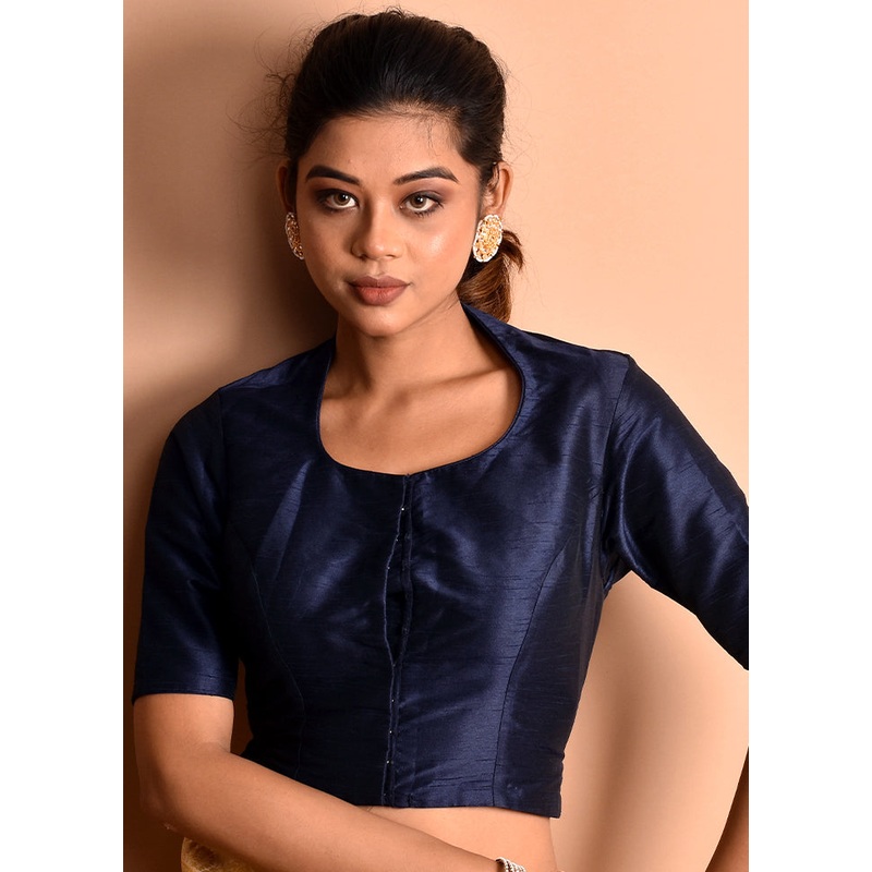 Navy Blue Silk Designer Blouse - JD986591356