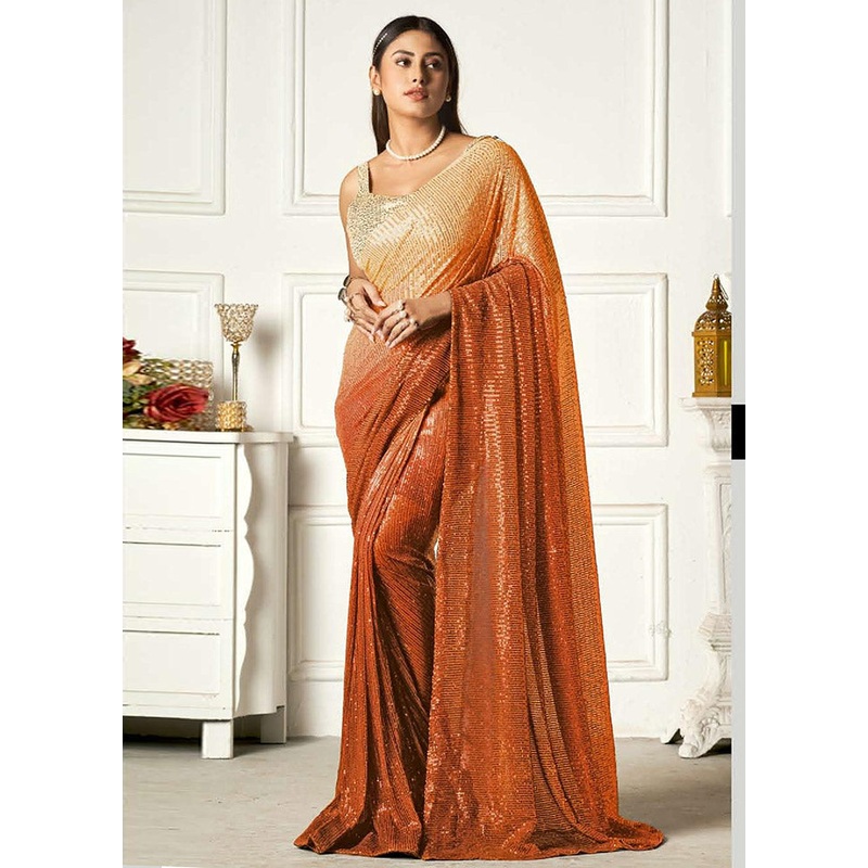 Orange Georgette Sequins Work Saree With Blouse Piece - JD986591229
