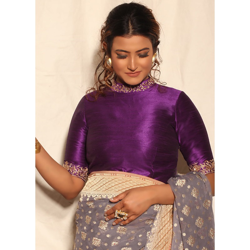 Purple Pure Silk Designer Blouse - JD986591348