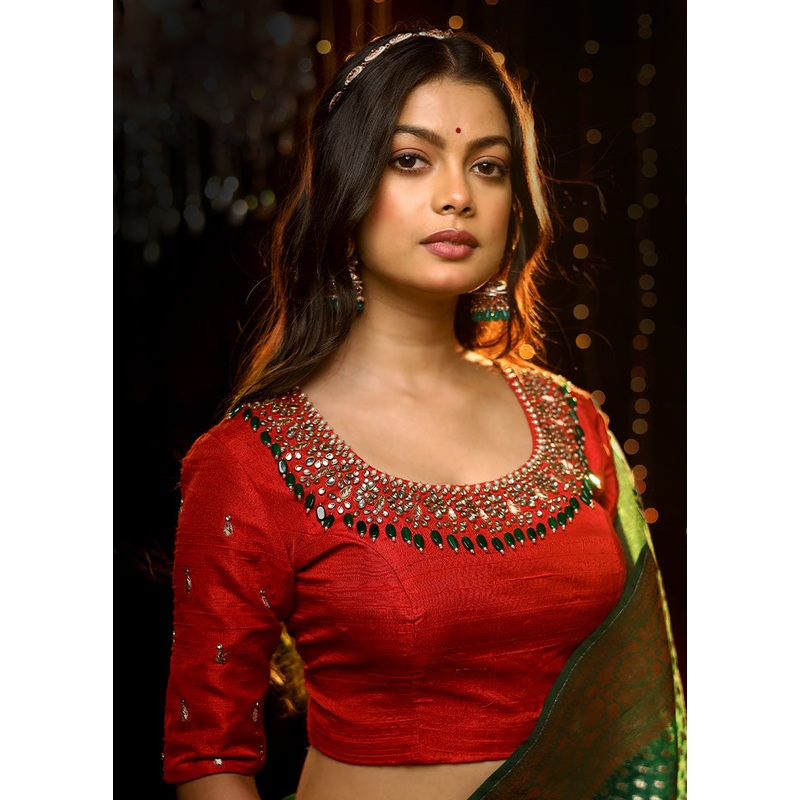 Red Beaded Work Silk Designer Blouse - JD986591402