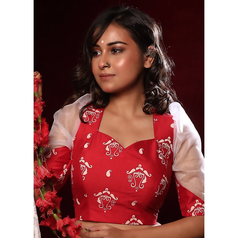 Red Cotton Silk Designer Blouse - JD986591425