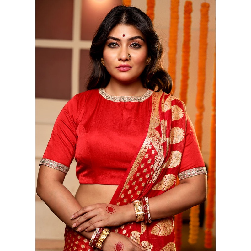 Red Lace Work Rebella Designer Blouse - JD986591405