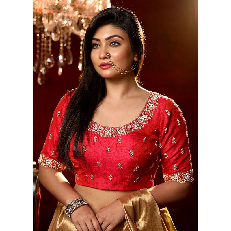 Red Moti Work Silk Designer Blouse - JD986591401