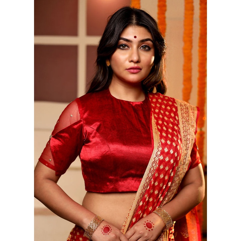 Red Sequin Work Silk Designer Blouse - JD986591400