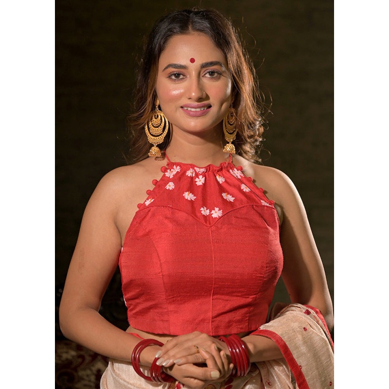 Red Silk Designer Blouse - JD986591360