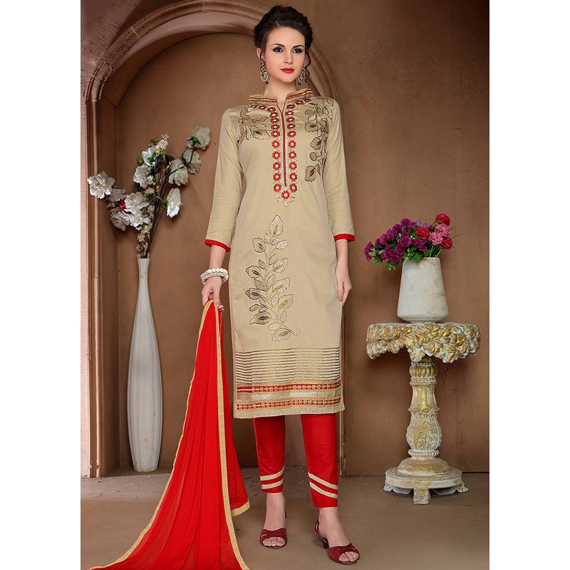 3 Pc Beige Unstitched Cotton Salwar Suit With Dupatta - JD986590942