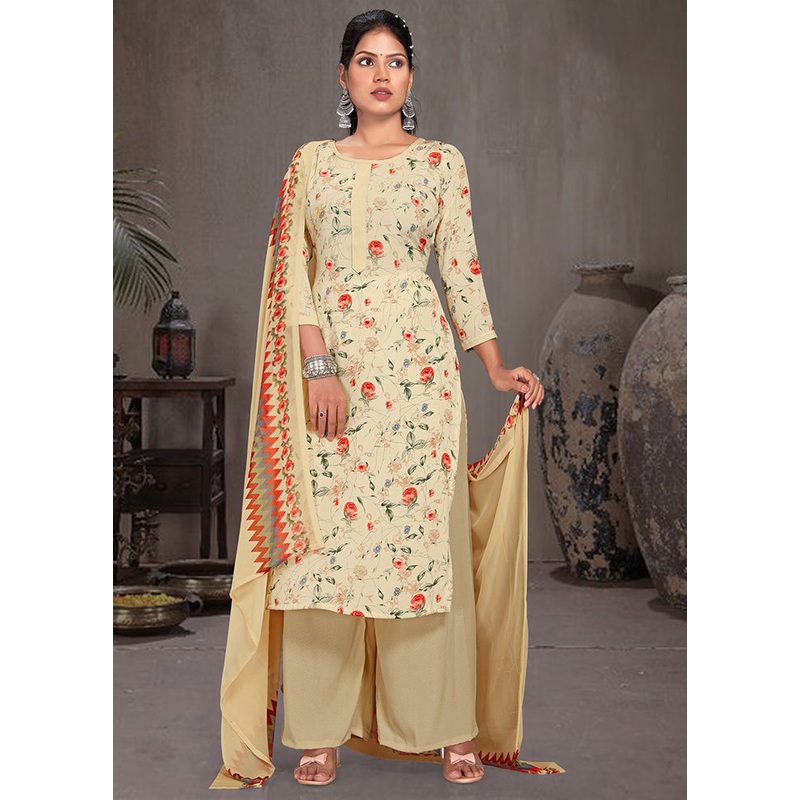 3 Pc Beige Unstitched Digital Print Silk Suit Set - JD986591072