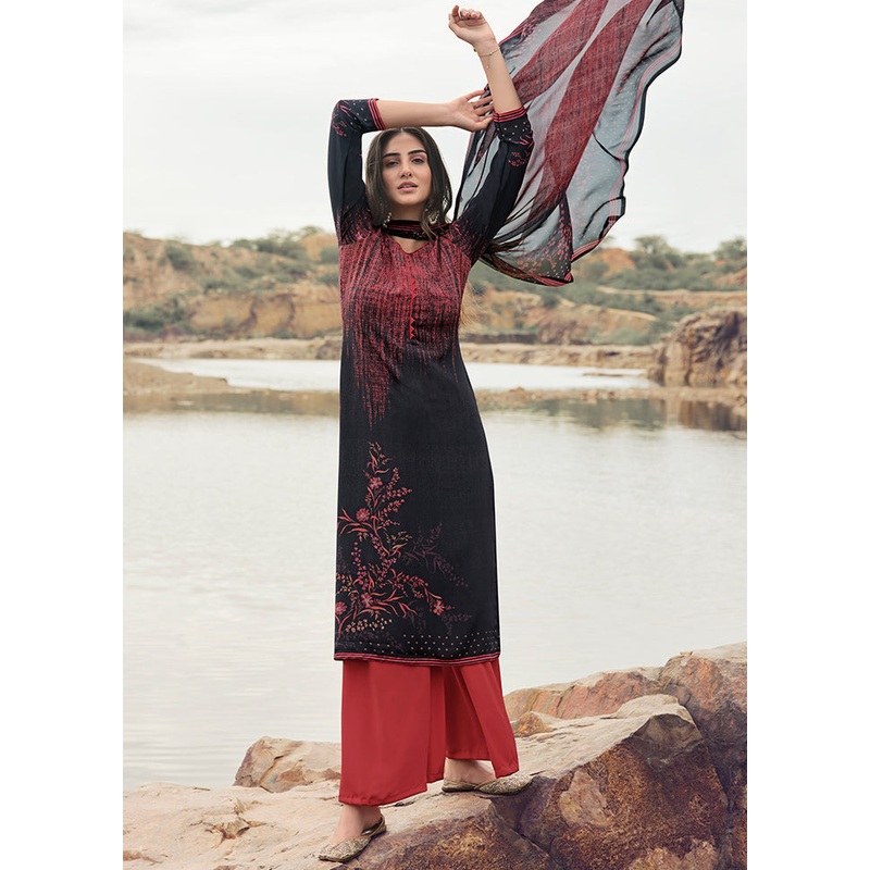 3 Pc Black Digital Unstitched Suit Set With Dupatta - JD986590928