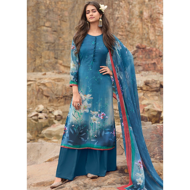 3 Pc Blue Digital Unstitched Suit Set With Dupatta - JD986590923